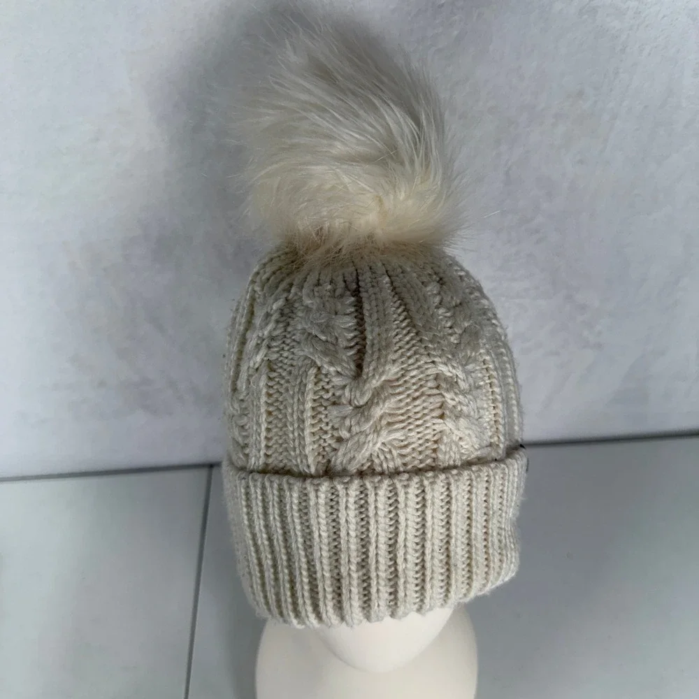 The North Face Kids OS Beanie Cable Knit Faux Fur Pom Pom Cream Hat NF0A7WFL